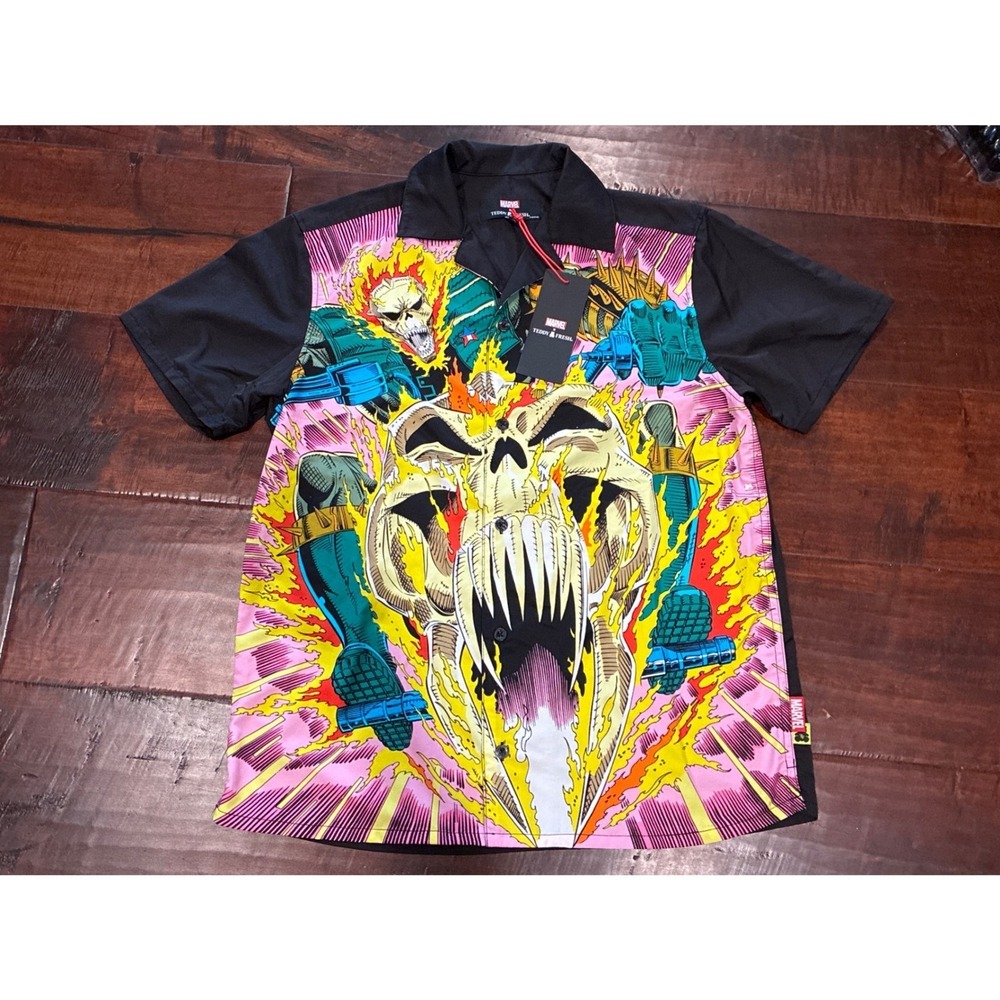 Teddy Fresh Marvel Ghost Rider Shirt Mens S Black Comic Graphic Button Up NWT